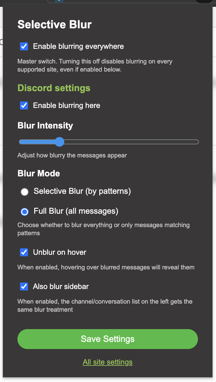 The Selective Blur popup configured for Discord