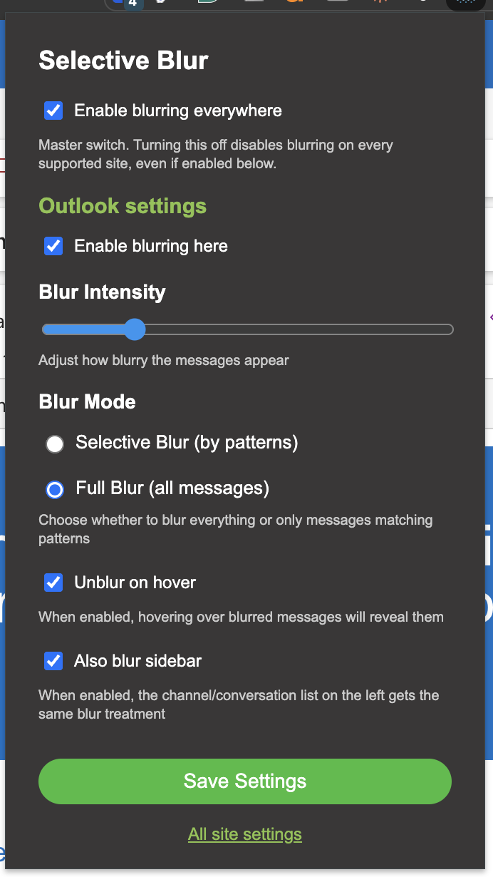 The Selective Blur popup configured for Outlook