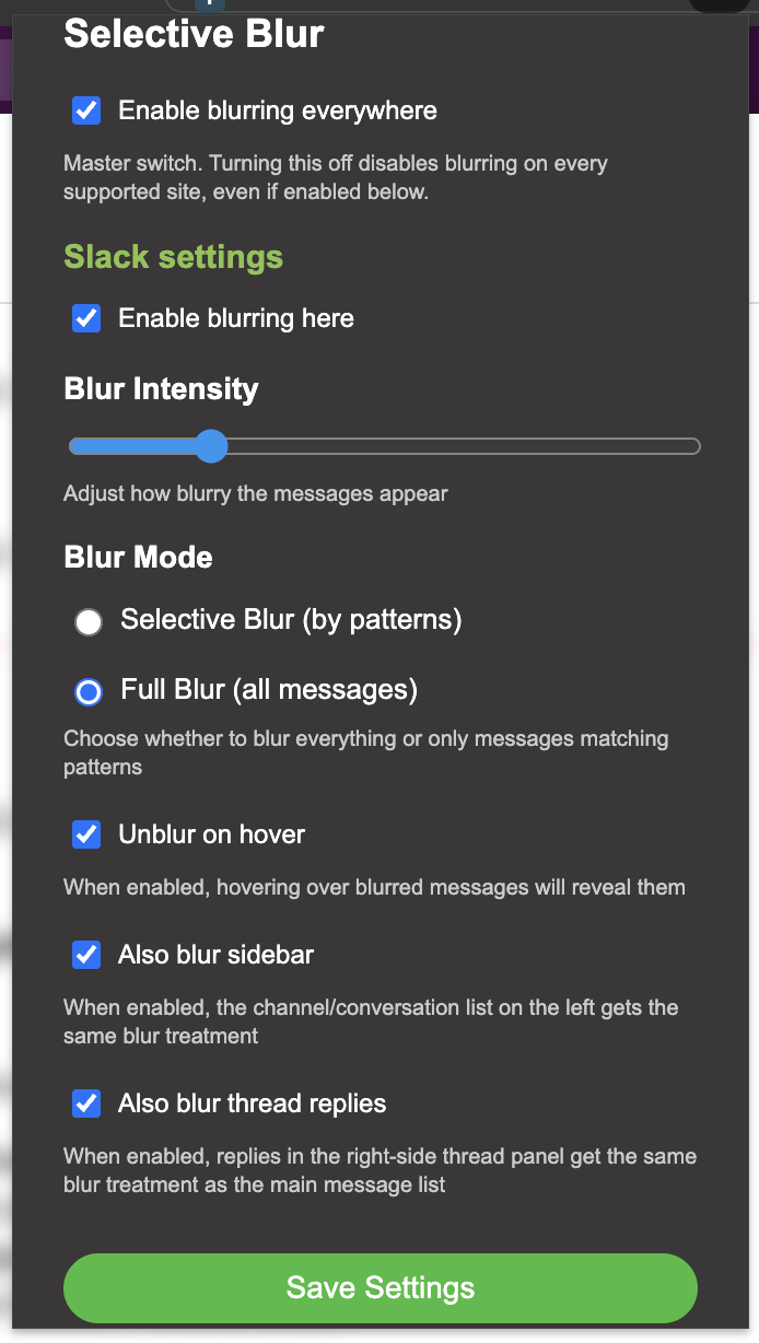 The Selective Blur popup configured for Slack